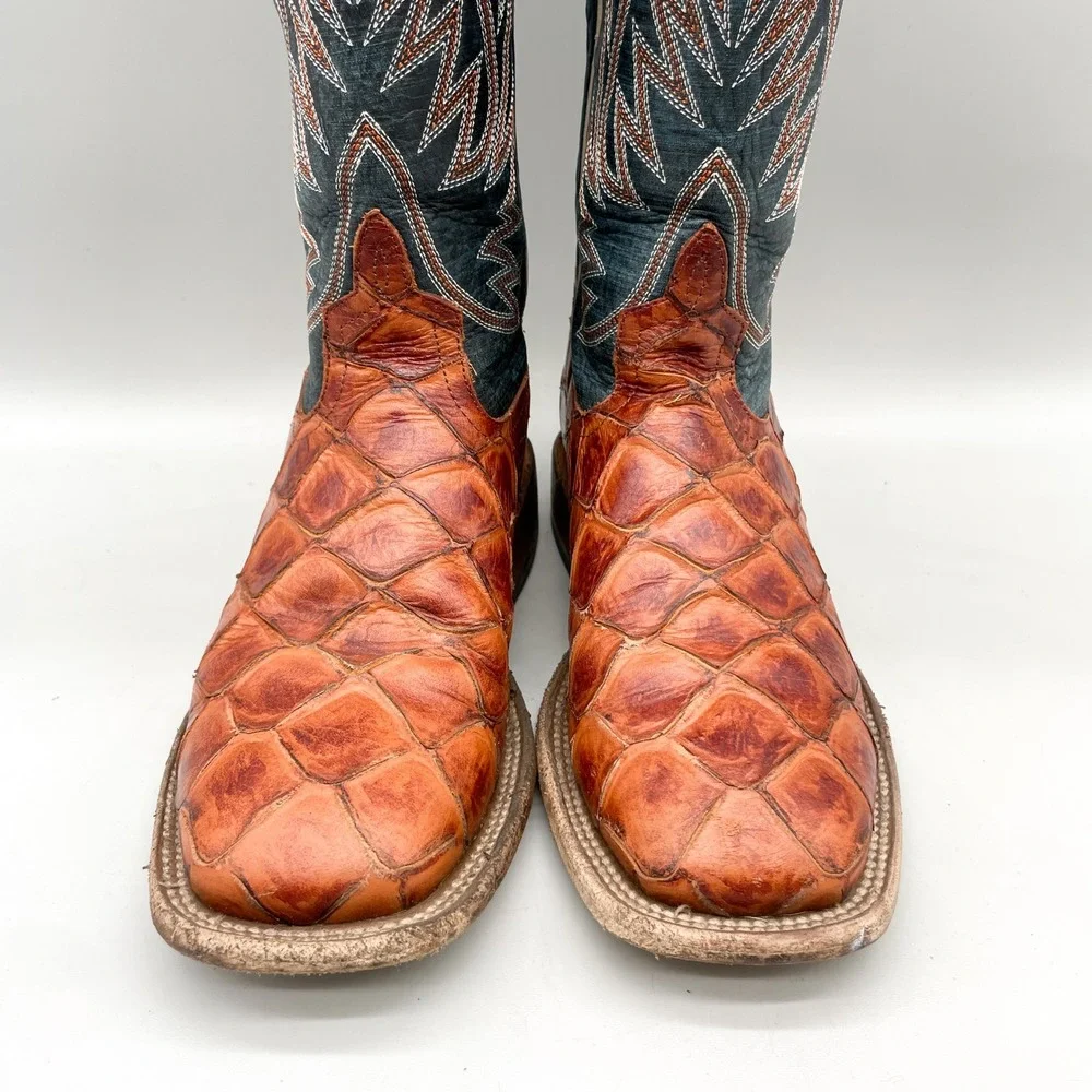 Horse Power Kids 5 Fish Scale Western Cowboy Boots Cognac Teal Leather SquareToe